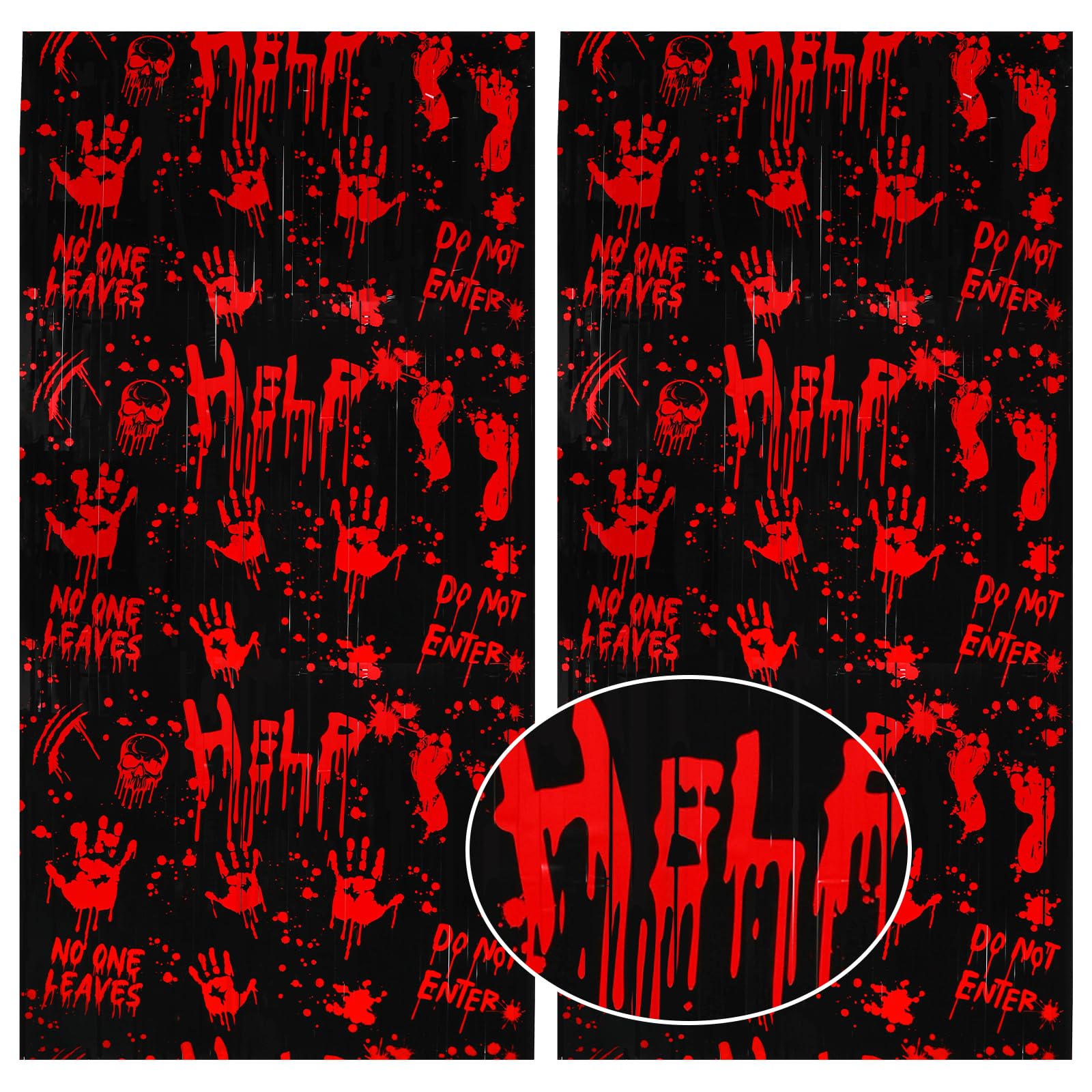 HOWAF Halloween Foil Fringe Curtains Killer Birthday Party Decoration,2 Pack 3.2 * 6.5ft Creepy Bloody Hands Backdrops Halloween Horror Night Red Handprint for Halloween Zombie Vampire Supplies