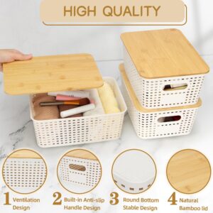 MOSANEE Small Plastic Storage Bins with Bamboo Lids 6 Packs,Decorative Storage Containers,Stackable Baskets for Organizing with Cute Label for Shelves Cabinets Pantry Playroom Office Home,Cream White