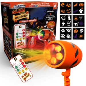 star shower show led projector, as-seen-on-tv, showcase your home with full-color holiday, use 2 or more for spooktacular results, includes 6 halloween slides & remote, 7 in, orange