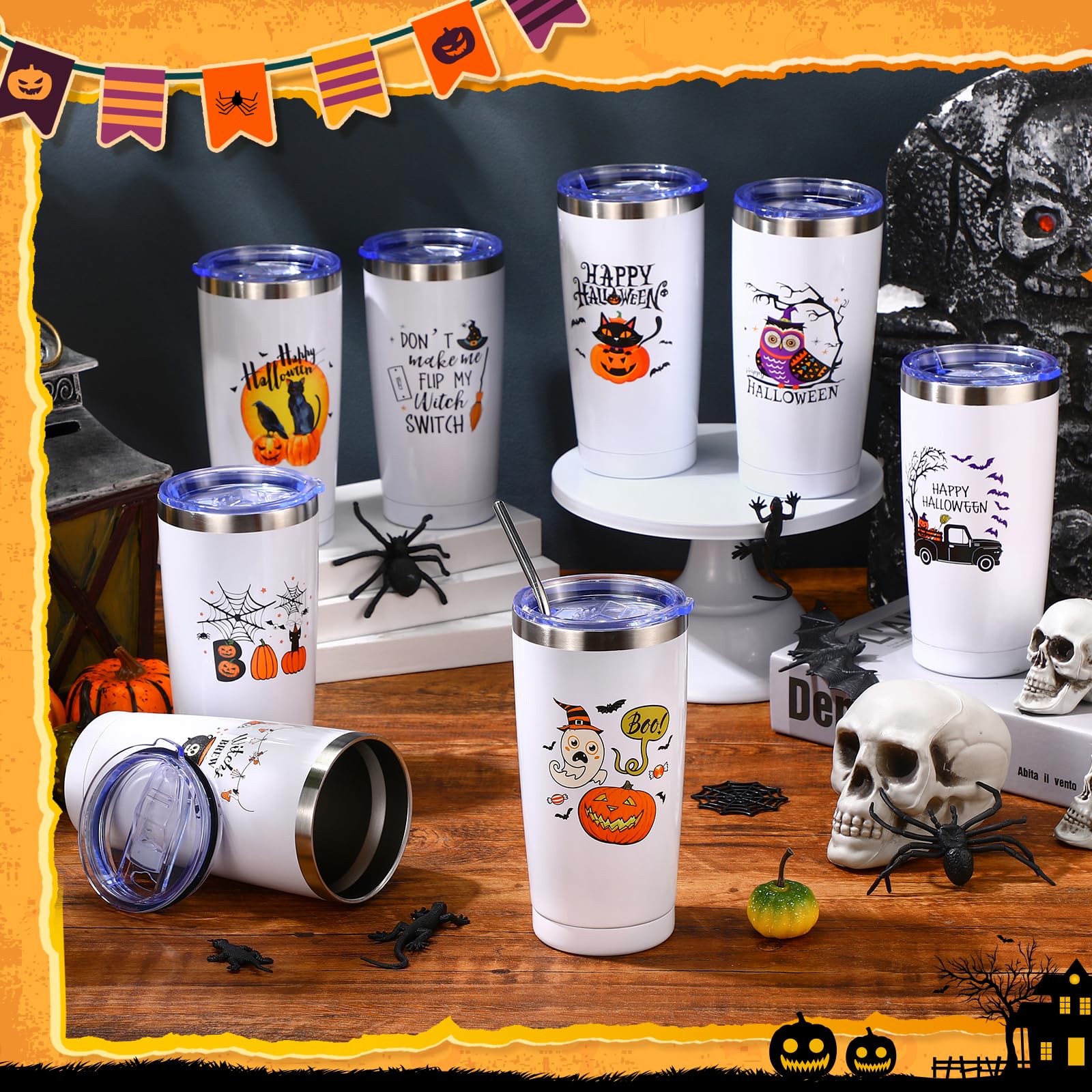 Singhoow 8 Pcs Halloween Tumbler with Lid and Straw 12 oz Halloween Coffee Mugs Stainless Steel Insulated Pumpkin Ghost Bat Boo Witch Halloween Wine Cup Bulk for Halloween Party Travel Men Women Gift