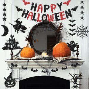 PatiCool Happy Halloween Banner Glitter Pre-Strung | Black and Red Halloween Garland - Paper Happy Halloween Sign, Bats Banner and 7 Hanging Garland for Halloween Party Decorations