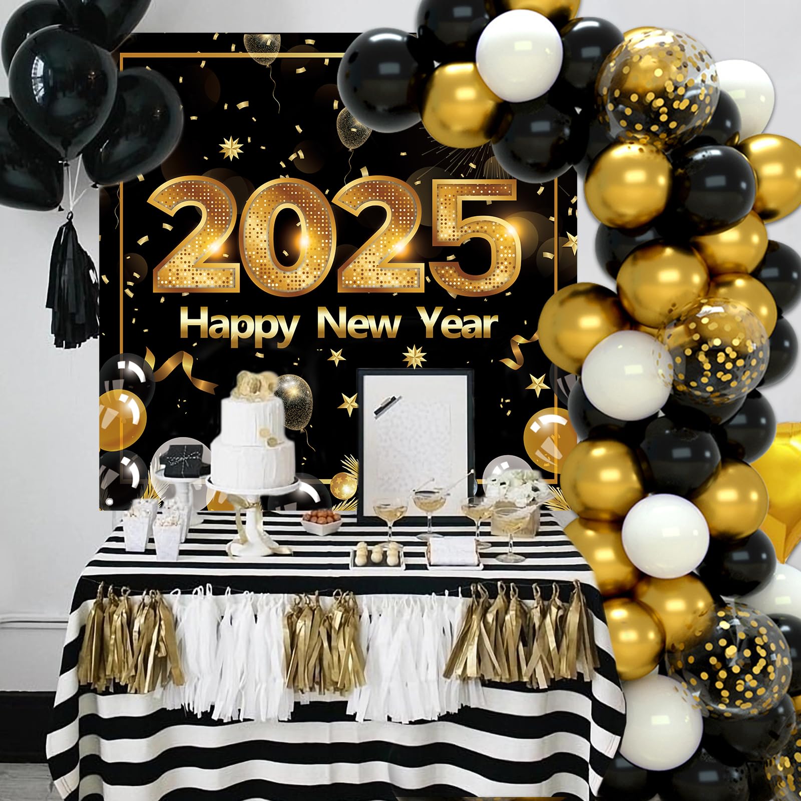 Happy New Years Eve Party Supplies 2025,New Years Decorations Black and Gold Confetti Balloon Garland Arch Kit Happy New Year Backdrop Banner for New Year Party Anniversary Retirement Graduation