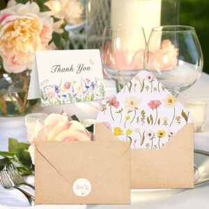 HRFGWDD Floral Thank You Cards With Envelopes 50 Pack, Wildflower Thank You Cards 4"x6", Thank You Notes With Envelopes And Stickers Set for Wedding, Bridal Showers, Baby Showers, Thanksgiving Party