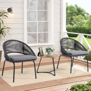 wood-it 3 pieces woven rope bistro set, patio outdoor furniture conversation sets with chairs, coffee table and cushions for porch, poolside, balcony, garden, backyard (black)