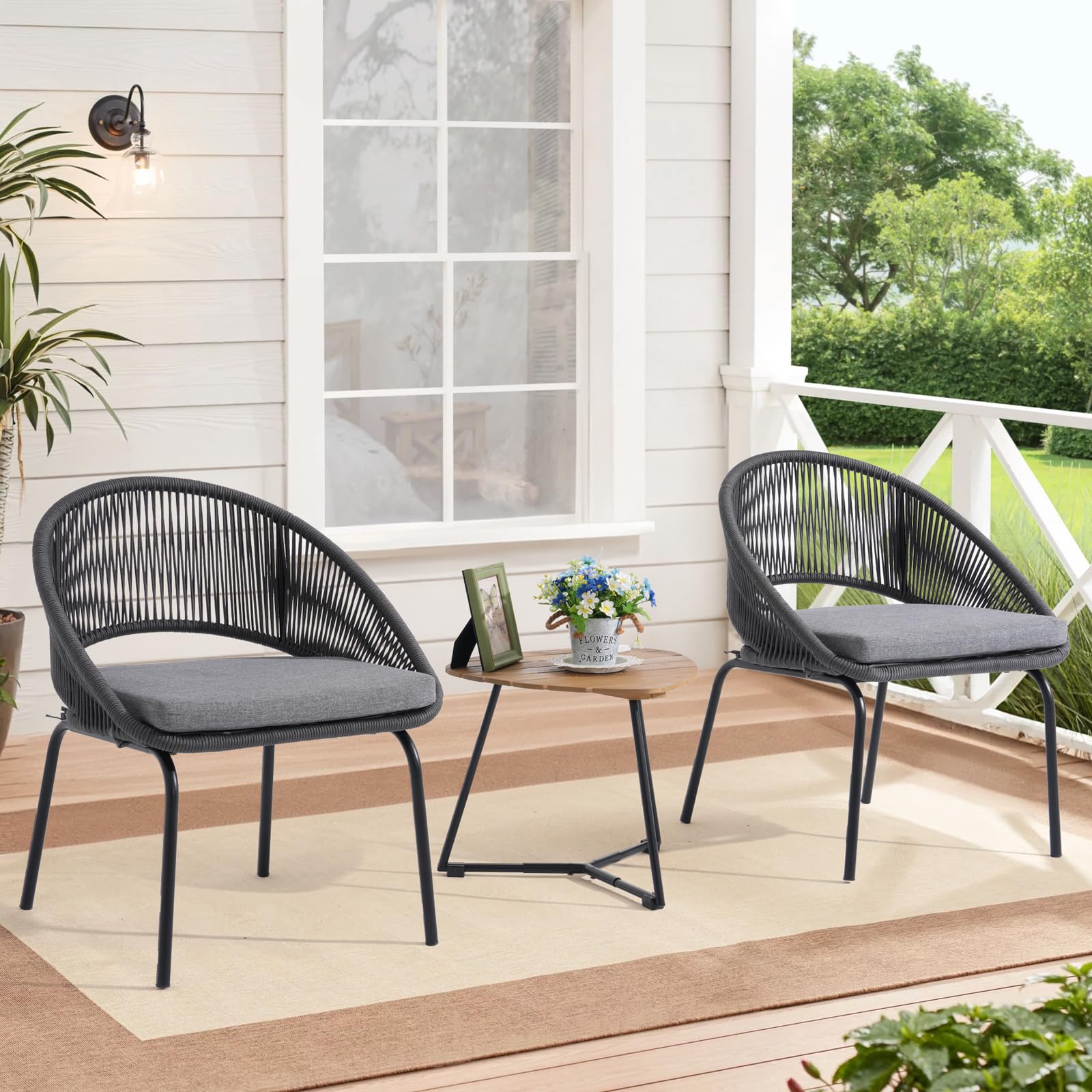 wOod-it 3 Pieces Woven Rope Bistro Set, Patio Outdoor Furniture Conversation Sets with Chairs, Coffee Table and Cushions for Porch, Poolside, Balcony, Garden, Backyard (Black)