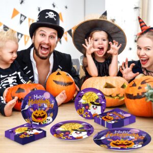 150 Pcs Halloween Plates and Napkins Sets - Cute Happy Halloween Party Supplies Tableware, Halloween Disposable Paper Plates Napkins Set for Halloween Birthday Party Decorations Favors, Serve 50