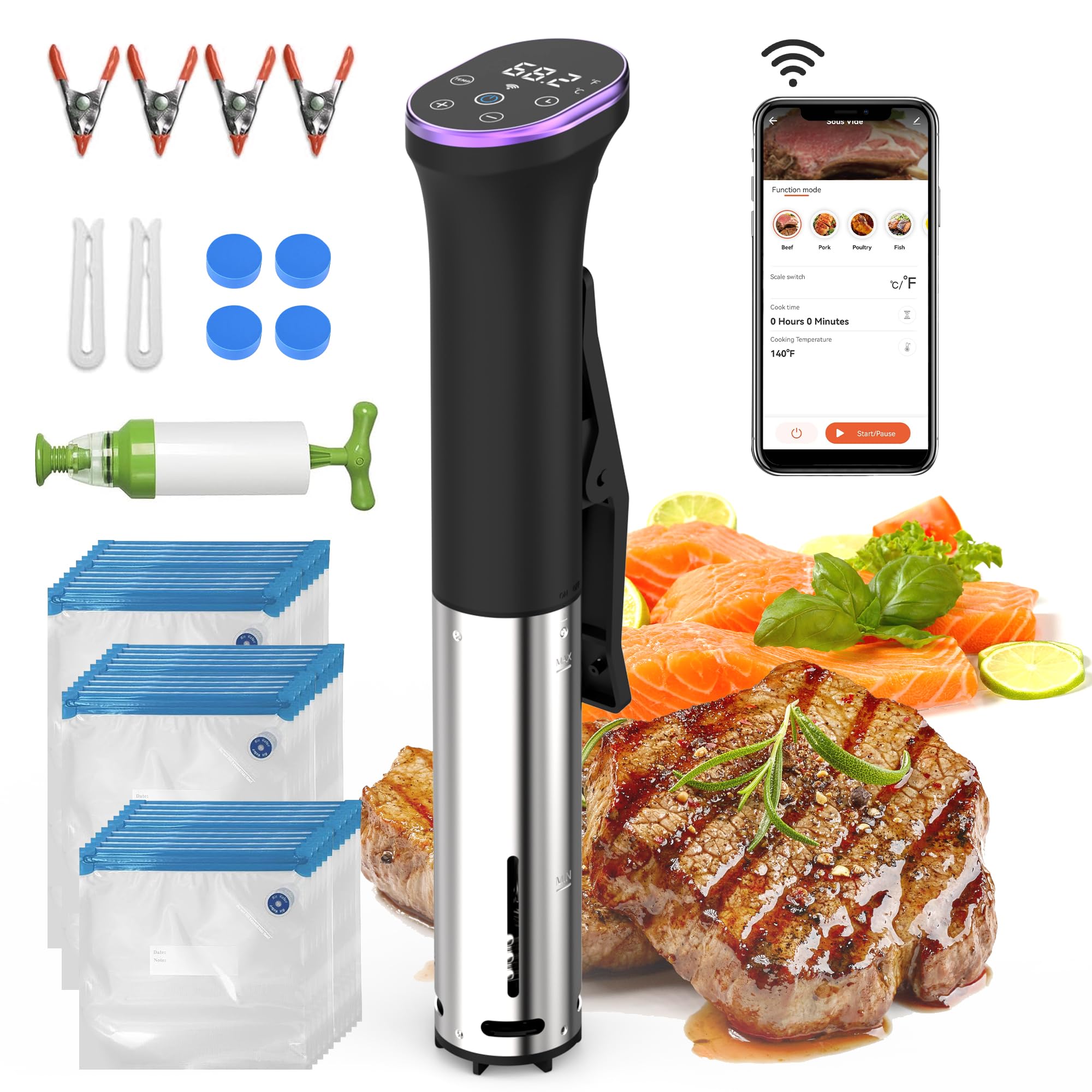 Hobsir hob Sous Vide Cooker Kit, 1100W Sous Vide Machine with 30 Seal Bags, Vacuum Pump, Magnets, LED, Wifi App Control, Silence Stainless Steel Immersion Circulator Slow Cooking Machine Sous-vide Kit