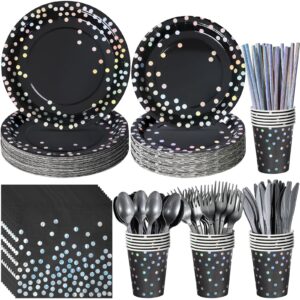 black and iridescent silver dot party decorations serve 25, black holographic paper plates and napkins, disposable party plates cups napkins for fathers day retirement birthday graduation prom party