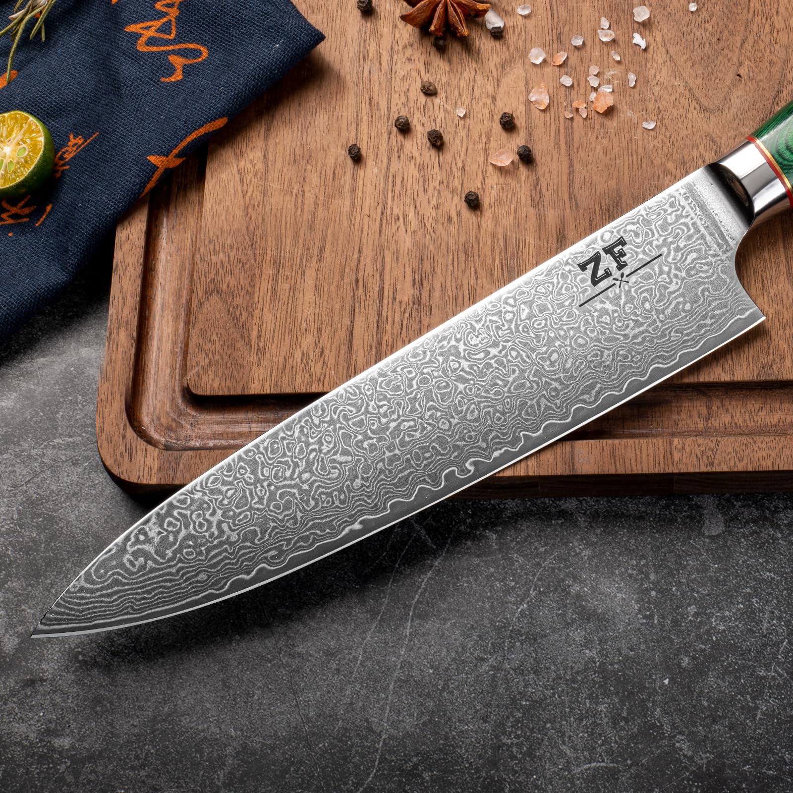 ZF 8 Inch Damascus Kitchen Chef Knife Professional Japanese VG10 Super Steel 67 Layers Santoku Knife Cooking Knife Utility Knife for Meat Vegetable Fruit (YE008)