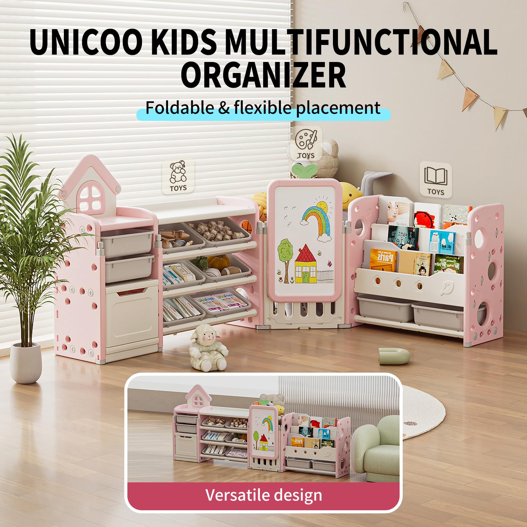 UNICOO Kids Multifunctional Toy Storage Organizer with 3-Tier Bookshelf, Storage Rack & Drawing Board, Flexible & Versatile L Shaped Organizer for Nursery, Playroom, Study Room (Pink)