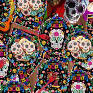 96Pcs Day of The Dead Plates Napkins Mexican Dia DE Los Muertos Party Supplies Tableware Fiesta Sugar Skull Dinnerware for Halloween Party Serve 24 Guests