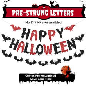 PatiCool Happy Halloween Banner Glitter Pre-Strung | Black and Red Halloween Garland - Paper Happy Halloween Sign, Bats Banner and 7 Hanging Garland for Halloween Party Decorations