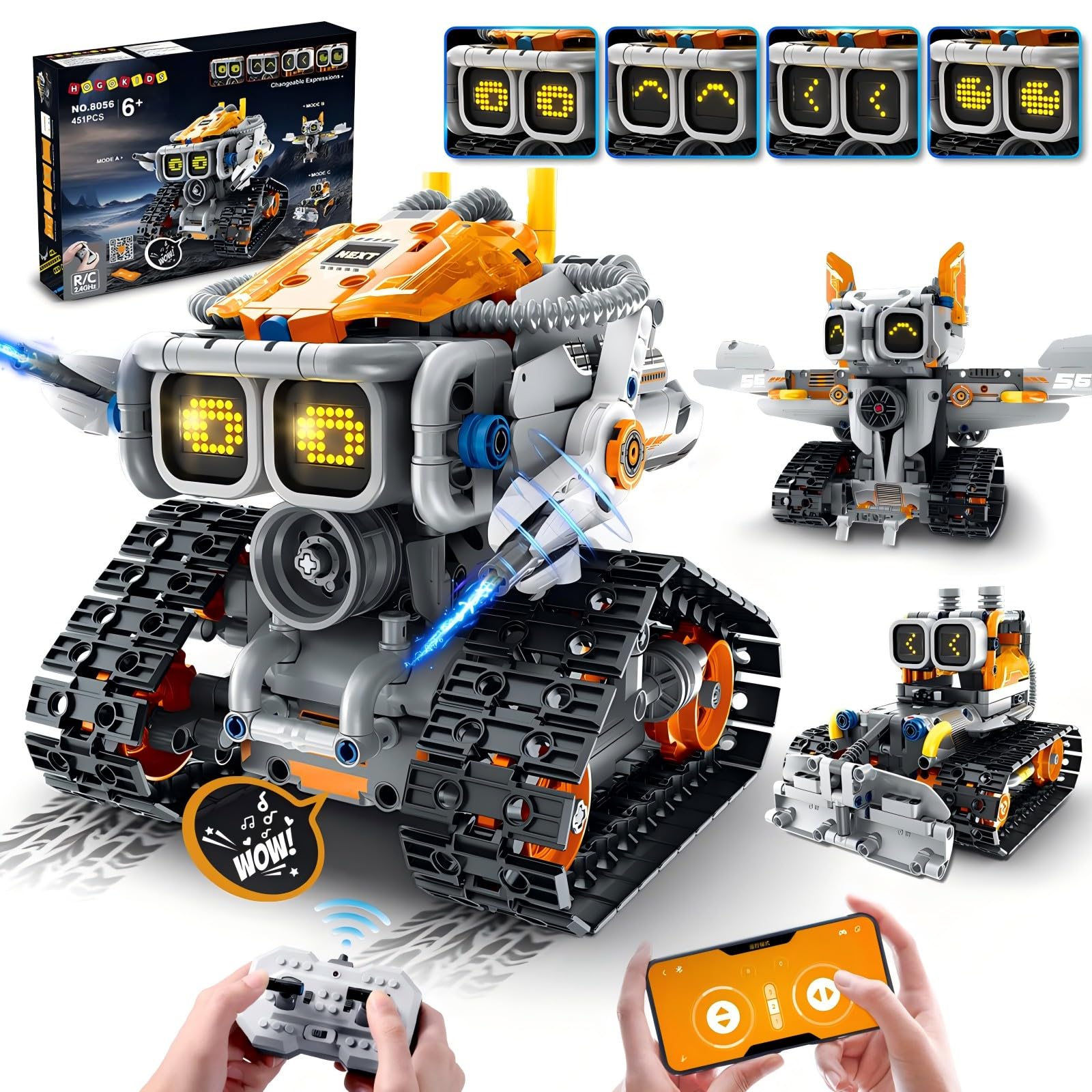 HOGOKIDS Changeable Expressions Robot Building Sets - 3 in 1 Remote & APP Supported Robotic Building Toy Having Sound Effect, Rechargeable RC Robot Birthday Present for Kids Age 6+ Boy & Girl (451PCS)