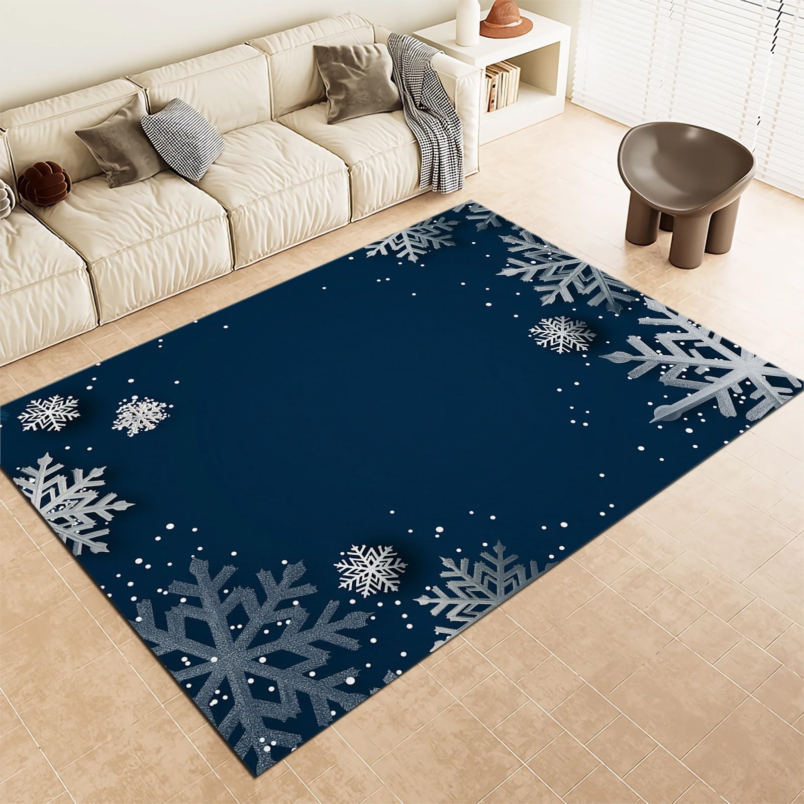 Washable Area Rugs 4x6 ft Carpet, Cartoon Style Snowflake Stripes Print Rugs Dark Blue Stain & Water Resistant Non-Slip, Pet & Child Friendly, Perfect for Living Room, Bedroom, Kids Room