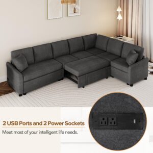 Livavege Convertible Sleeper Sectional Sofa with Pull-Out Bed and Storage Space & Ottoman, Armrest w/USB Ports & Cup Holders, Corner 6 Person L-Shape Couch for Living Room, Office, Apartment