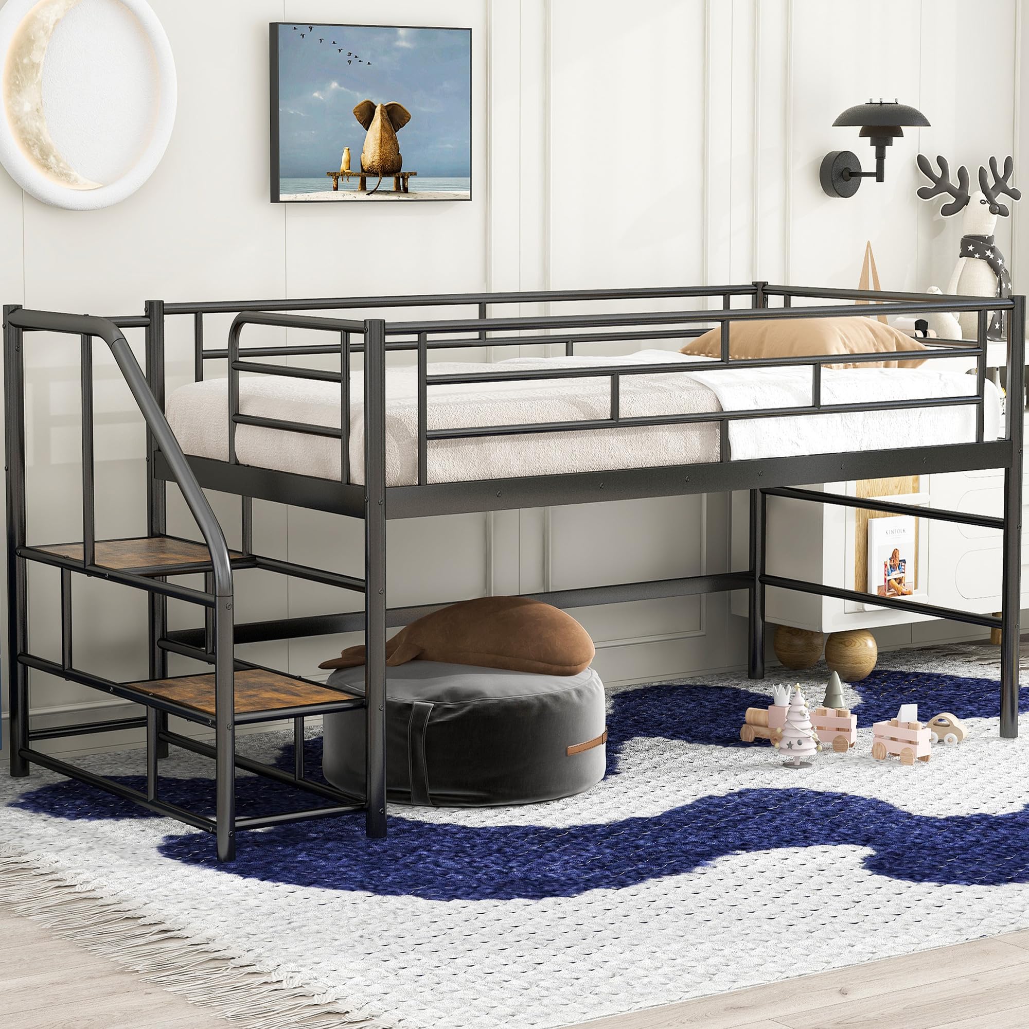 Merax Metal Low Loft Bed Frame with Full Length Guardrails, Easy Assemble Black