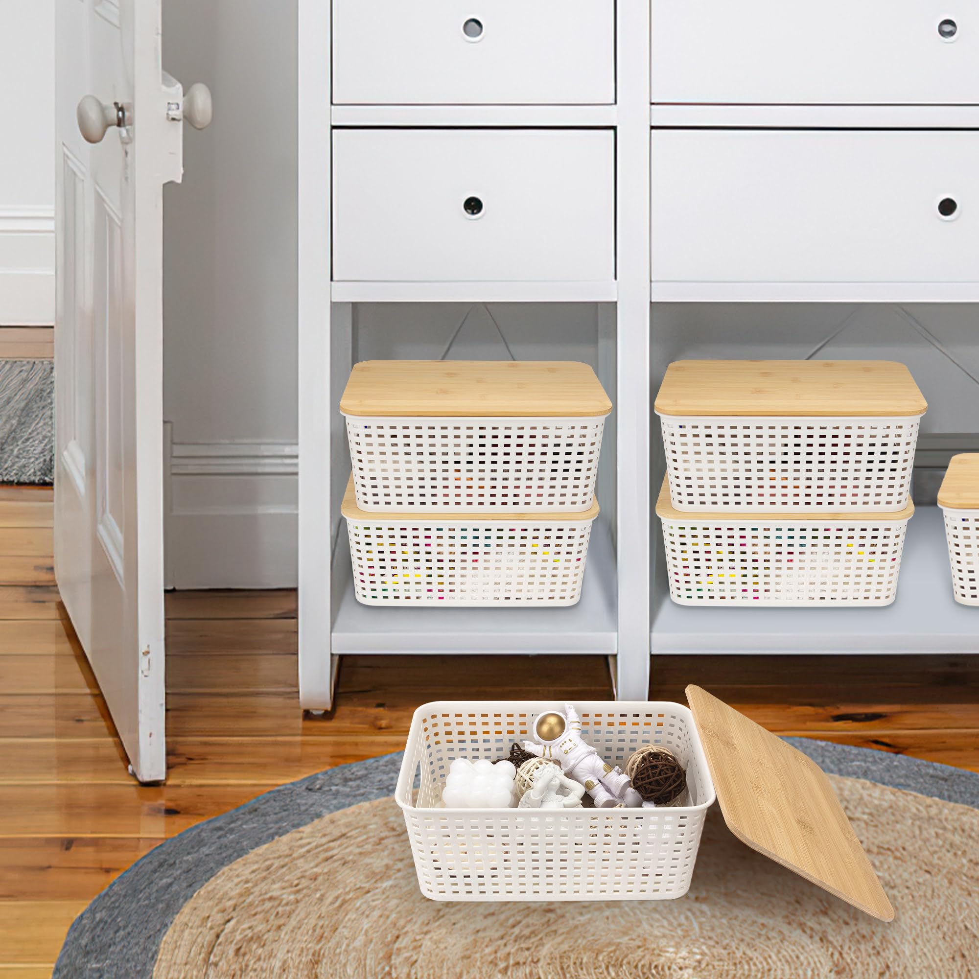 MOSANEE Small Plastic Storage Bins with Bamboo Lids 6 Packs,Decorative Storage Containers,Stackable Baskets for Organizing with Cute Label for Shelves Cabinets Pantry Playroom Office Home,Cream White