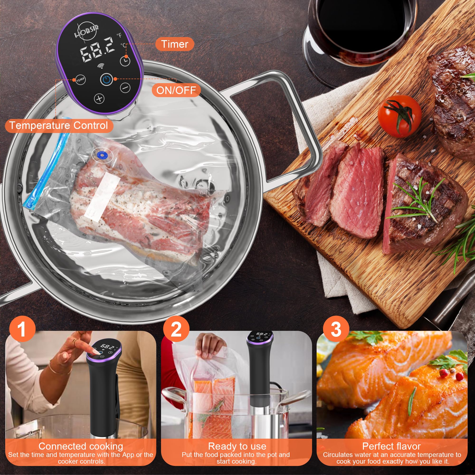 Hobsir hob Sous Vide Cooker Kit, 1100W Sous Vide Machine with 30 Seal Bags, Vacuum Pump, Magnets, LED, Wifi App Control, Silence Stainless Steel Immersion Circulator Slow Cooking Machine Sous-vide Kit