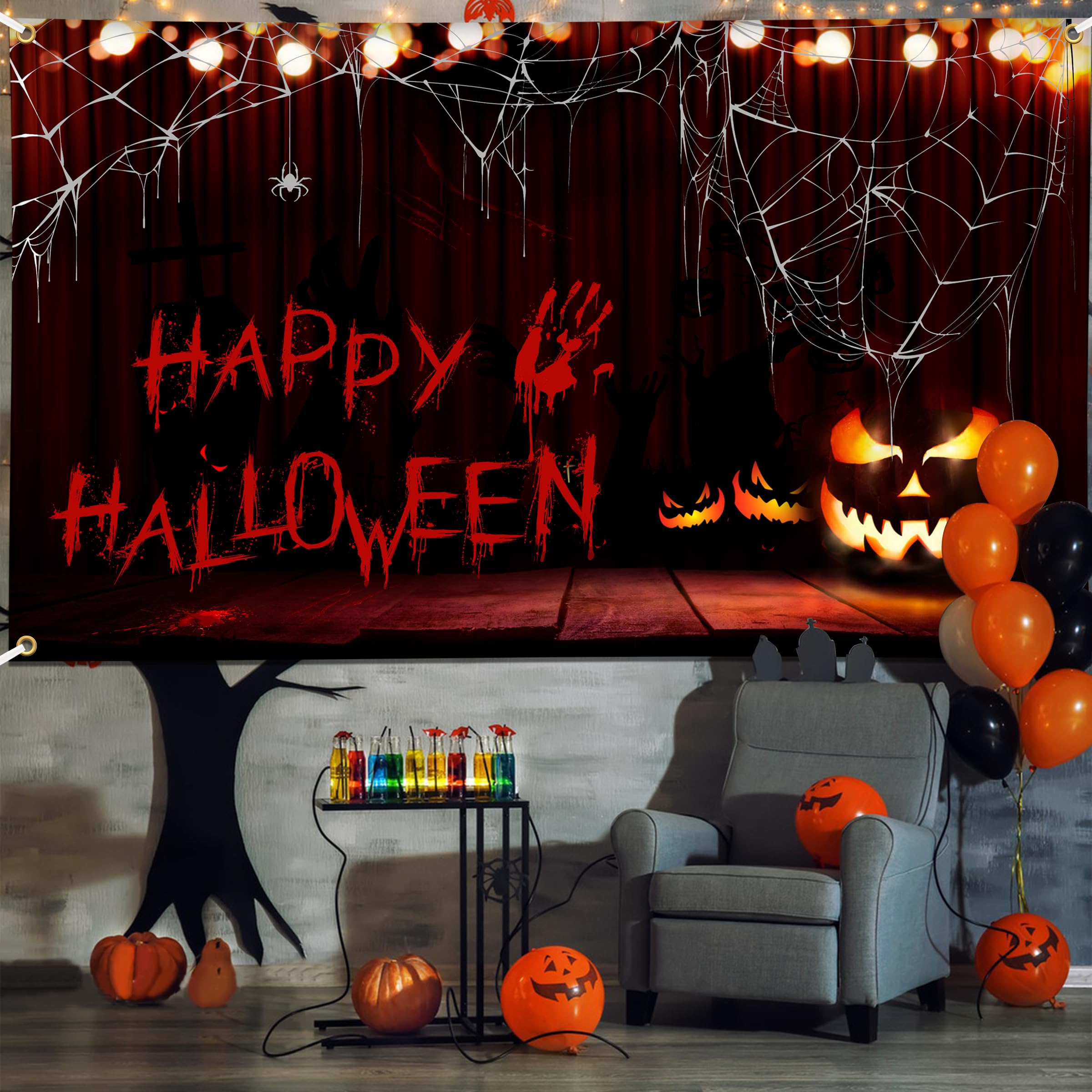 Tokcousun Happy Halloween Banner, 71x45 Inch Handprint Bloodstain Happy Halloween Backdrop, Scary Happy Halloween Backdrop Party Decorations Pumpkin Halloween Banner for Halloween Wall Photo Booth Decorations Indoor Outdoor