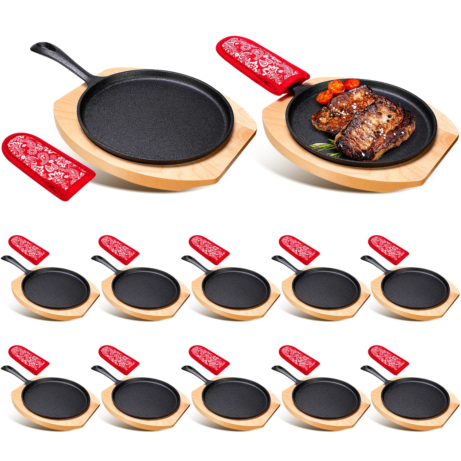 Mimorou 12 Sets Cast Iron Skillet Round Fajita Pan 7.87 Inch Fajita Plate Sizzler Pan with Wooden Base and Anti Scald Protection Hot Mitt for Kitchen BBQ Home Party Restaurant Catering Service