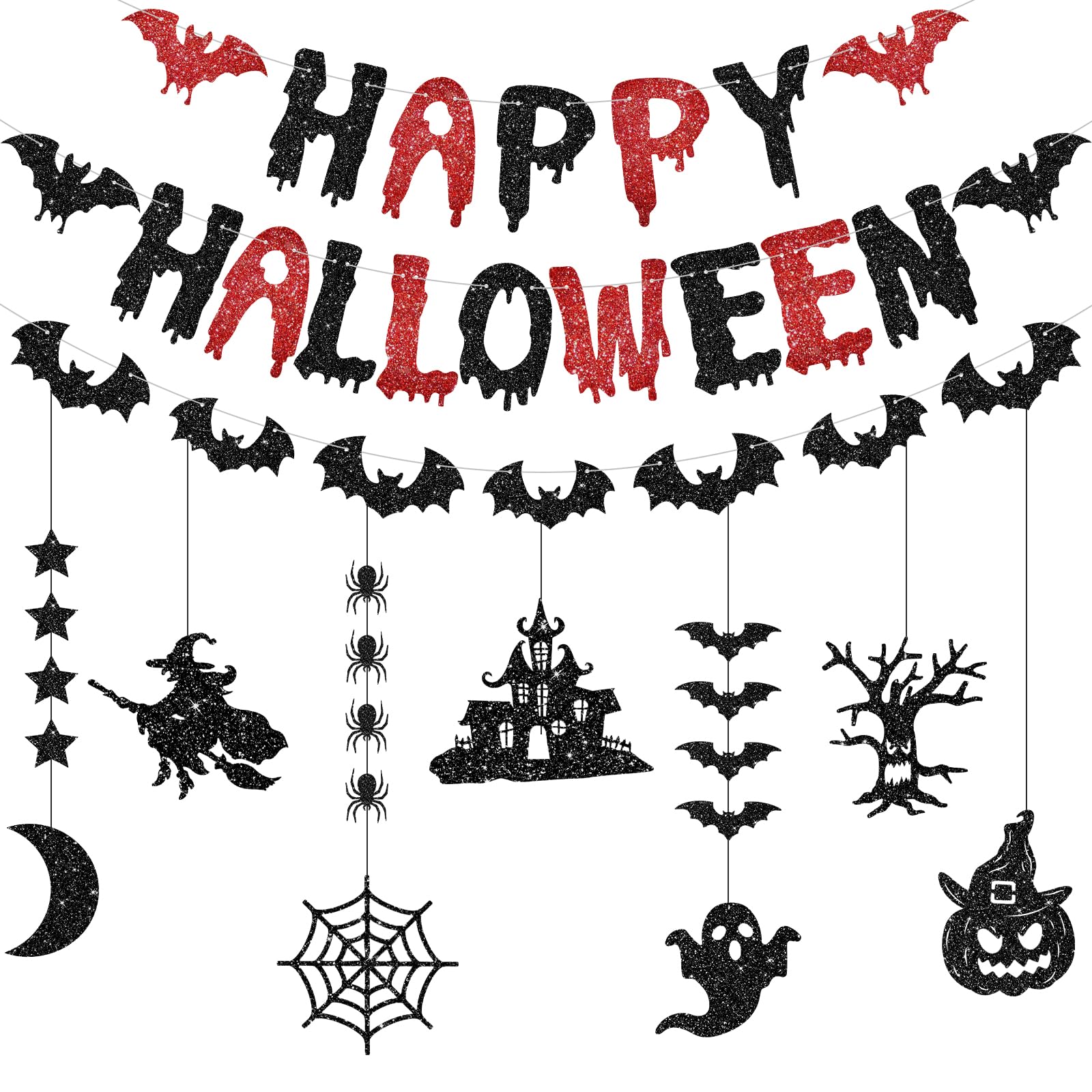 PatiCool Happy Halloween Banner Glitter Pre-Strung | Black and Red Halloween Garland - Paper Happy Halloween Sign, Bats Banner and 7 Hanging Garland for Halloween Party Decorations