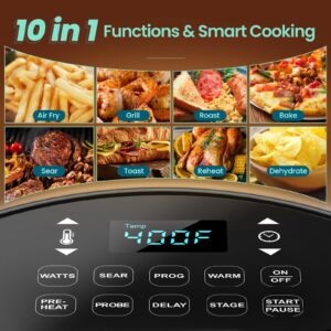 Nuwave Brio 10-in-1 Air Fryer, 6 QT Airfryer Capacity with Smart Probe, Roast Grill Bake for Fast Meals, One-Touch Digital Controls, Powerful 1800W Fryer, 100 Recipes, Removable Divider & Grill Pan