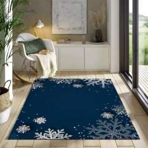 Washable Area Rugs 4x6 ft Carpet, Cartoon Style Snowflake Stripes Print Rugs Dark Blue Stain & Water Resistant Non-Slip, Pet & Child Friendly, Perfect for Living Room, Bedroom, Kids Room