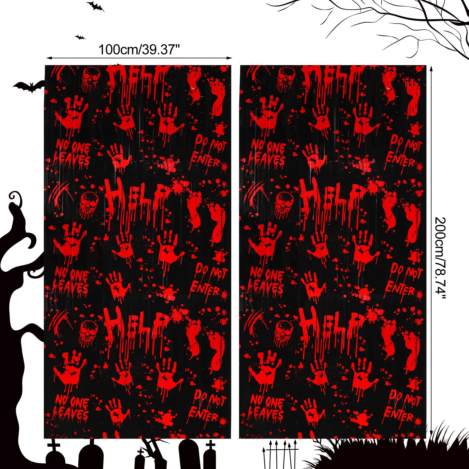 HOWAF Halloween Foil Fringe Curtains Killer Birthday Party Decoration,2 Pack 3.2 * 6.5ft Creepy Bloody Hands Backdrops Halloween Horror Night Red Handprint for Halloween Zombie Vampire Supplies