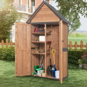 gutinneen outdoor storage shed with all around strong metal frame, garden tool sheds cabinet with floor & adjustable shelves, wooden tool house for backyard garden patio lawn (brown)