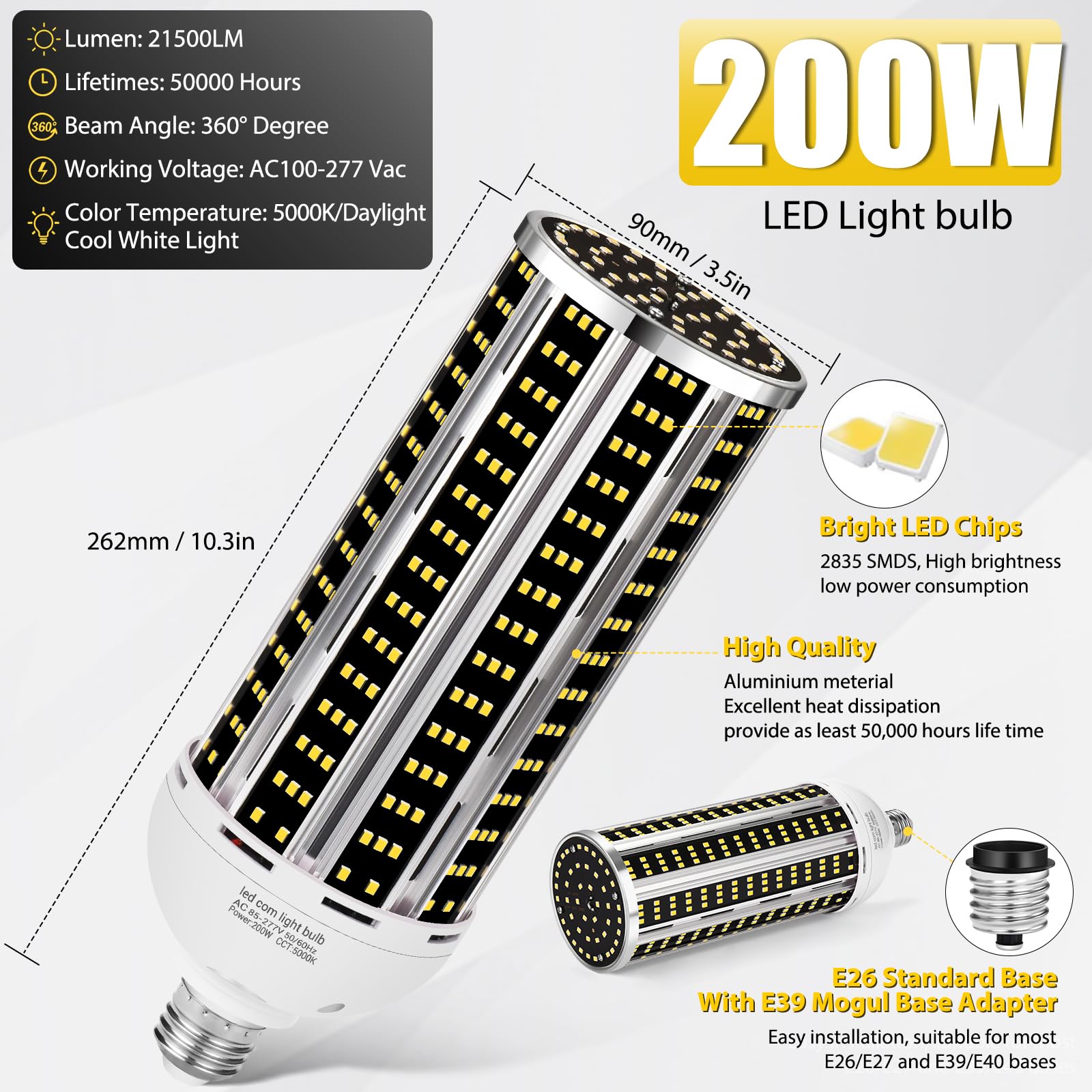 200W 2 pack LED Corn Light Bulb,(2000W Equivalent )Commercial Grade 30500LM DayLight 5000K E26/E39 Medium Mogul Base LED Lamp,Large Area Lights For Outdoor Indoor Garage Warehouse Factory Bay Light