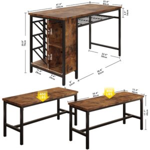 IRONCK 3-Piece Dining Table Set for 4, 47inch Kitchen Table with 2 Benches, Wine Rack and Glass Holder, Space-Saving Dinette for Dining Room, Apartment, Vintage Brown