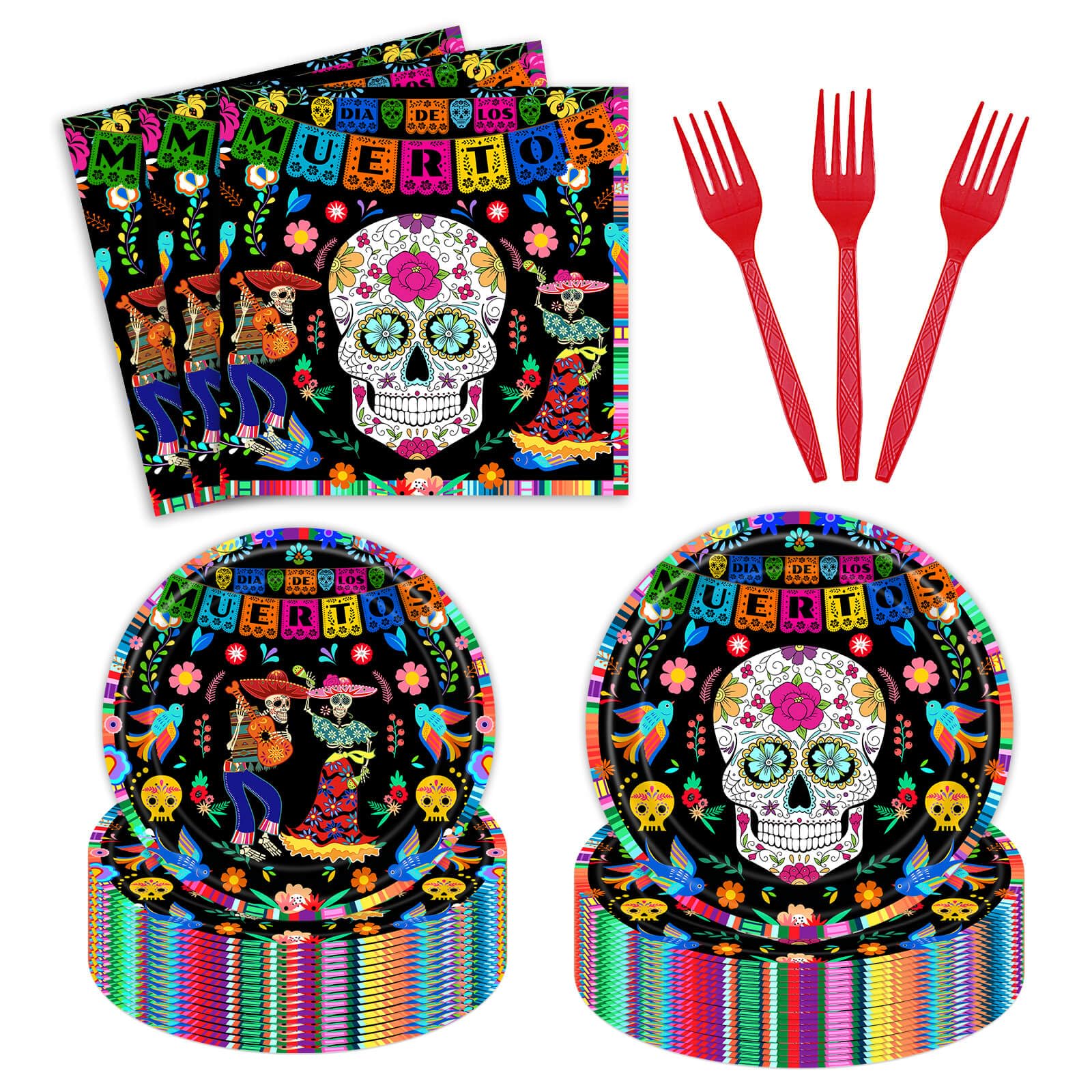 96Pcs Day of The Dead Plates Napkins Mexican Dia DE Los Muertos Party Supplies Tableware Fiesta Sugar Skull Dinnerware for Halloween Party Serve 24 Guests