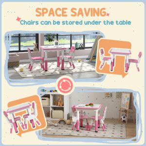 Qaba 3 Pieces Kids Table and Chairs, Height Adjustable Toddler Table and Chair Set with Storage, Easy to Wipe, Activity Table 2 Chairs for Classroom, for Daycare Classroom, 18 Months-5 Years, Pink