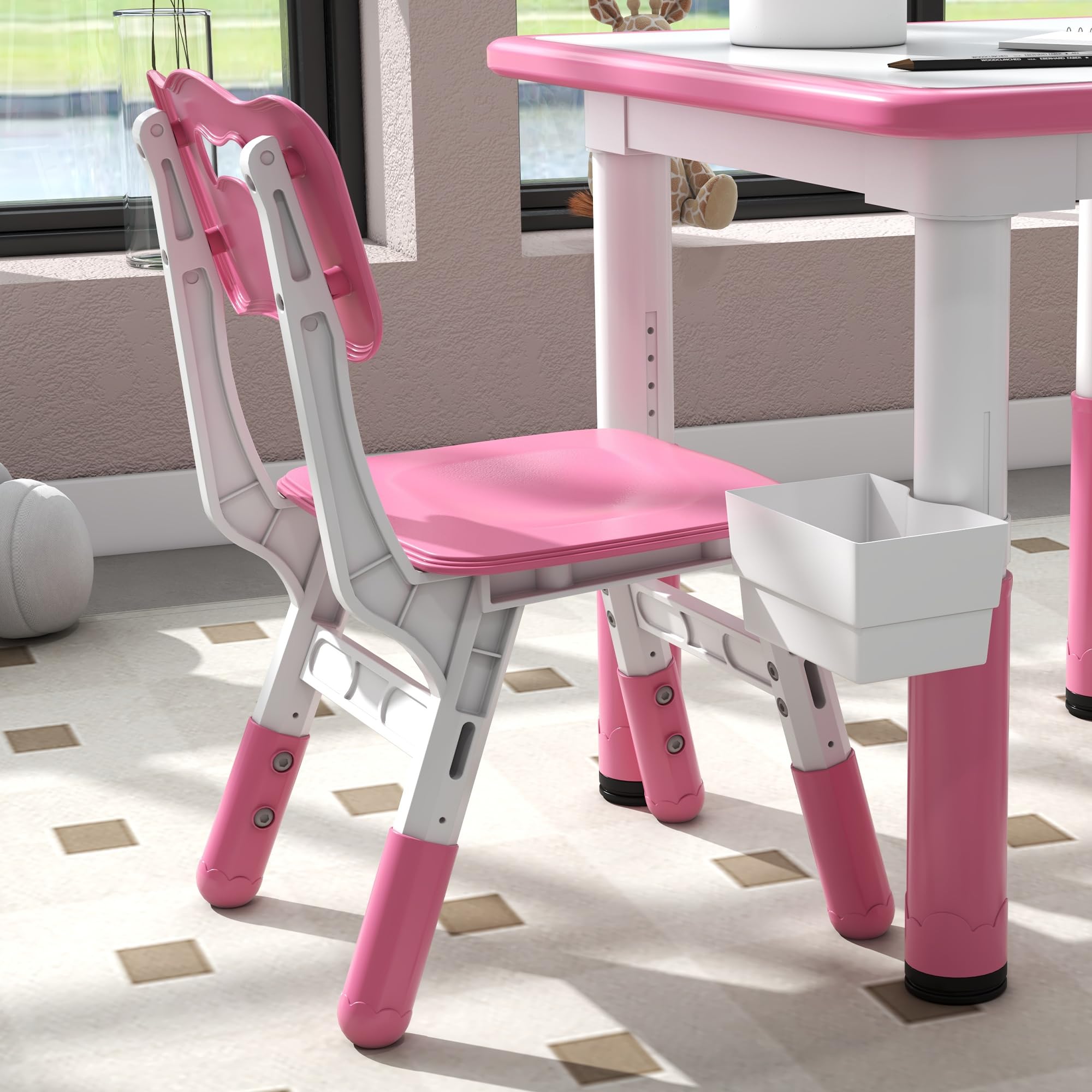 Qaba 3 Pieces Kids Table and Chairs, Height Adjustable Toddler Table and Chair Set with Storage, Easy to Wipe, Activity Table 2 Chairs for Classroom, for Daycare Classroom, 18 Months-5 Years, Pink