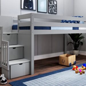 JACKPOT! Contemporary Low Loft Twin Bed with a 3 Drawer Stairway, Gray with Gray & White Tent