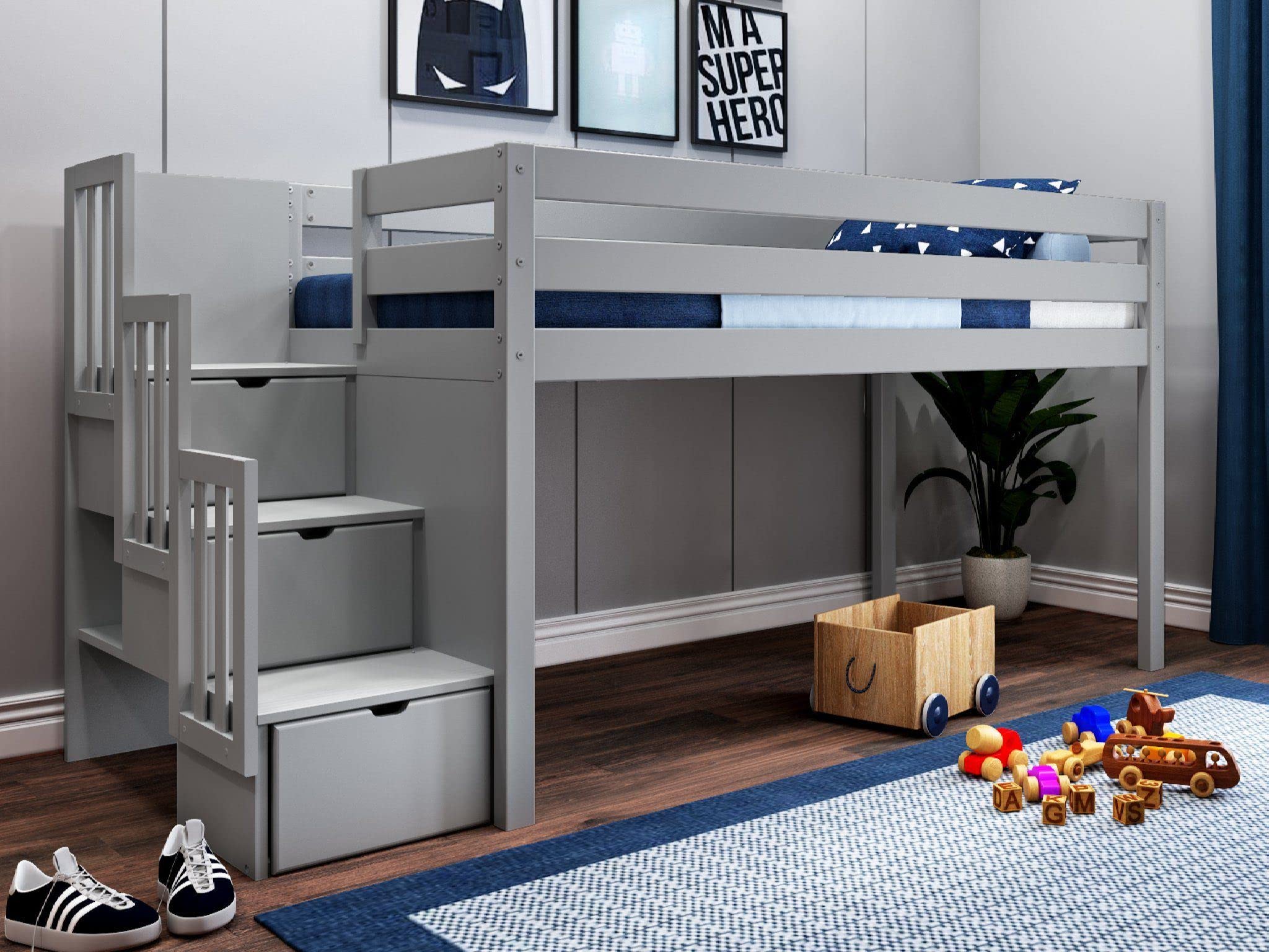 JACKPOT! Contemporary Low Loft Twin Bed with a 3 Drawer Stairway, Gray with Gray & White Tent