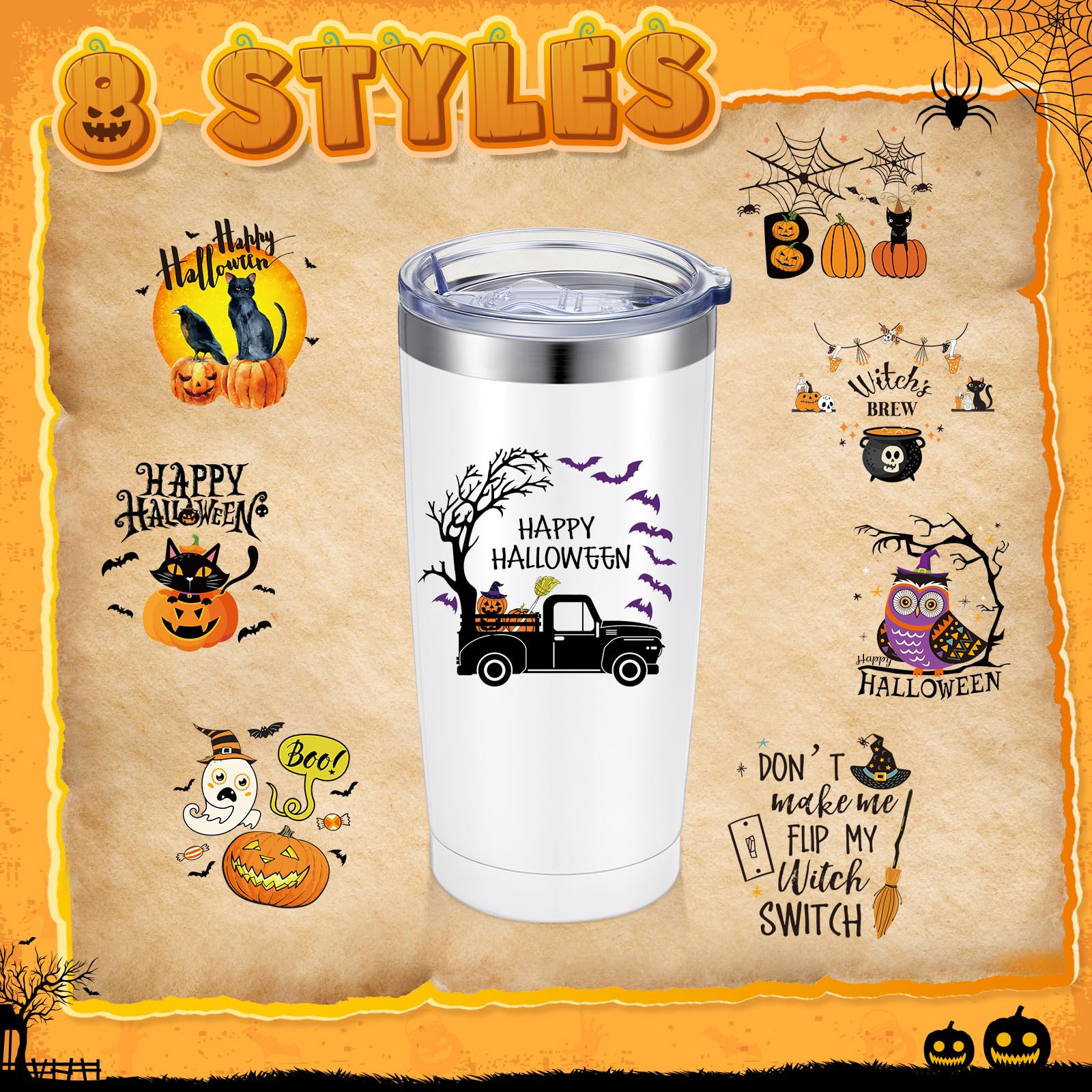 Singhoow 8 Pcs Halloween Tumbler with Lid and Straw 12 oz Halloween Coffee Mugs Stainless Steel Insulated Pumpkin Ghost Bat Boo Witch Halloween Wine Cup Bulk for Halloween Party Travel Men Women Gift