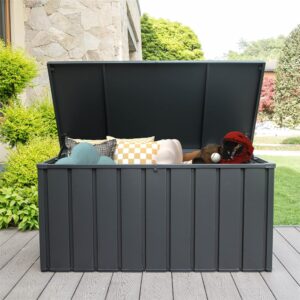 CHUNLY 160 Gallon Waterproof Deck Box with Lockable Lids, Patio Storage Box with Mobility Rollers, Outdoor Storage Bench for Outside Furniture Cushions, Pillows & Garden Tools (Dark Gray)