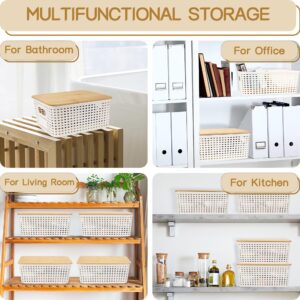 MOSANEE Small Plastic Storage Bins with Bamboo Lids 6 Packs,Decorative Storage Containers,Stackable Baskets for Organizing with Cute Label for Shelves Cabinets Pantry Playroom Office Home,Cream White