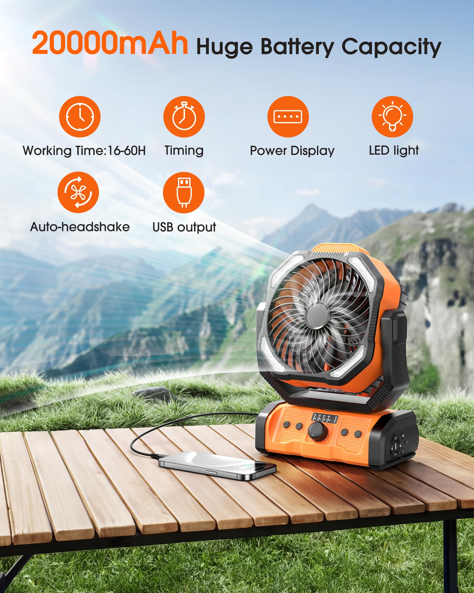 Peouix Portable Rechargeable Camping Fan - 20000mAh Cordless Battery Powered Fan with LED Lantern, Remote Auto Oscillating USB C Table Battery Operated Tent Fan for Travel Outdoor Beach