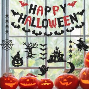 PatiCool Happy Halloween Banner Glitter Pre-Strung | Black and Red Halloween Garland - Paper Happy Halloween Sign, Bats Banner and 7 Hanging Garland for Halloween Party Decorations