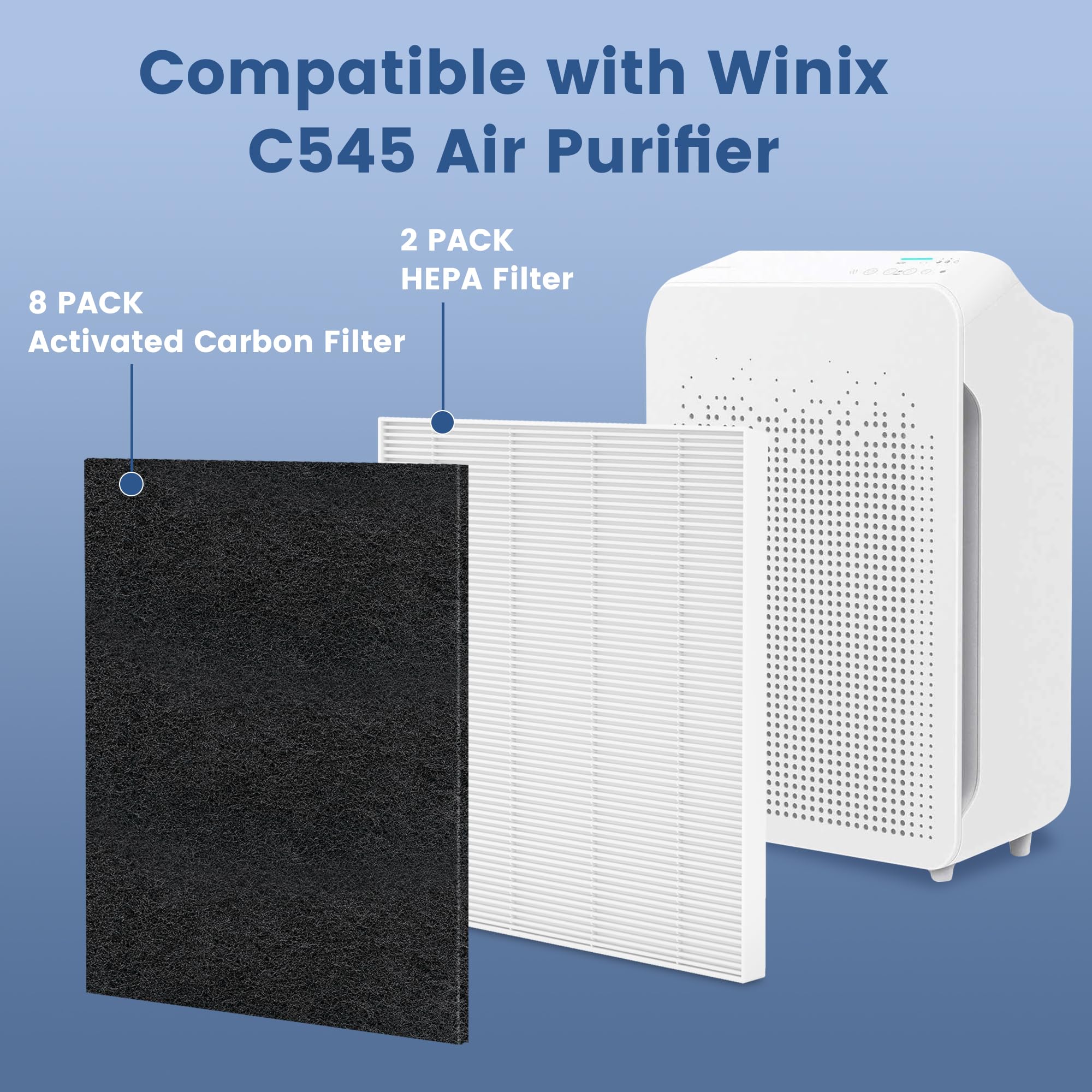 2 Pack C545 True HEPA Replacement Filter S Compatible with Winix C545, B151, P150, 9300 Air Cleaner Purifier, Replaces Part 1712-0096-00 2522-0058-00, 2 True HEPA Filter + 8 Activated Carbon Filters