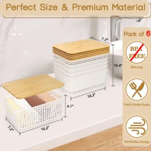 MOSANEE Small Plastic Storage Bins with Bamboo Lids 6 Packs,Decorative Storage Containers,Stackable Baskets for Organizing with Cute Label for Shelves Cabinets Pantry Playroom Office Home,Cream White