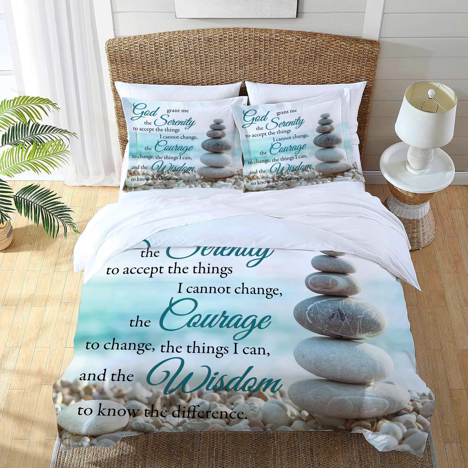 jamie world Beach Serenity Prayer Bedding Set Twin Full Queen King Size Christian Stone Duvet Comforter Cover Peace Cozy Quilt Cover Decorative Soft Bed Sets with 2 Pillowcases for Kids Adults