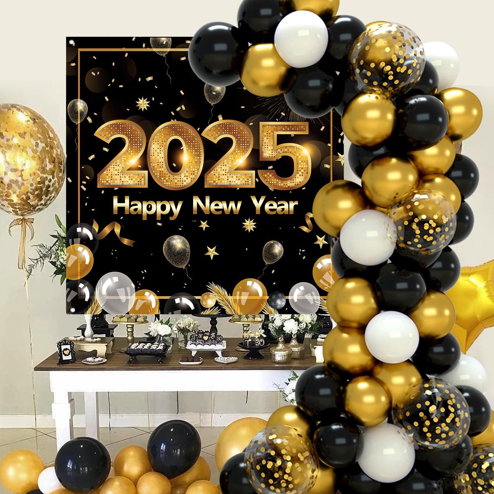 Happy New Years Eve Party Supplies 2025,New Years Decorations Black and Gold Confetti Balloon Garland Arch Kit Happy New Year Backdrop Banner for New Year Party Anniversary Retirement Graduation