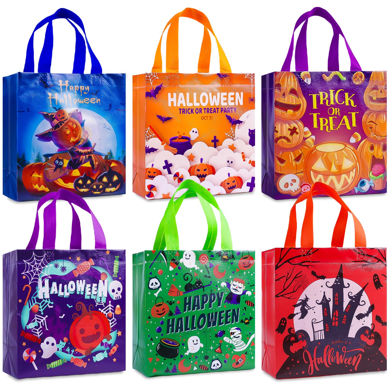 Happy Halloween Trick or Treat Bags Pumpkin Ghost Witch Gift Bags, Halloween Candy Tote Bags with Handles for Kids, Non-Woven Halloween Bags for Gifts Wrapping, Party Supplies, 9.1×8.7×4.5inch,6-Piece