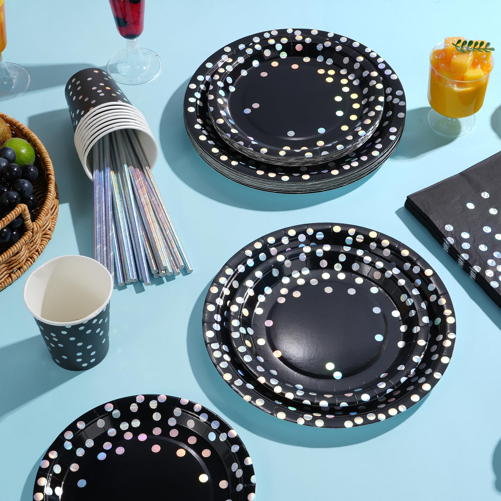 Black and Iridescent Silver Dot Party Decorations Serve 25, Black Holographic Paper Plates and Napkins, Disposable Party Plates Cups Napkins for Fathers Day Retirement Birthday Graduation Prom Party