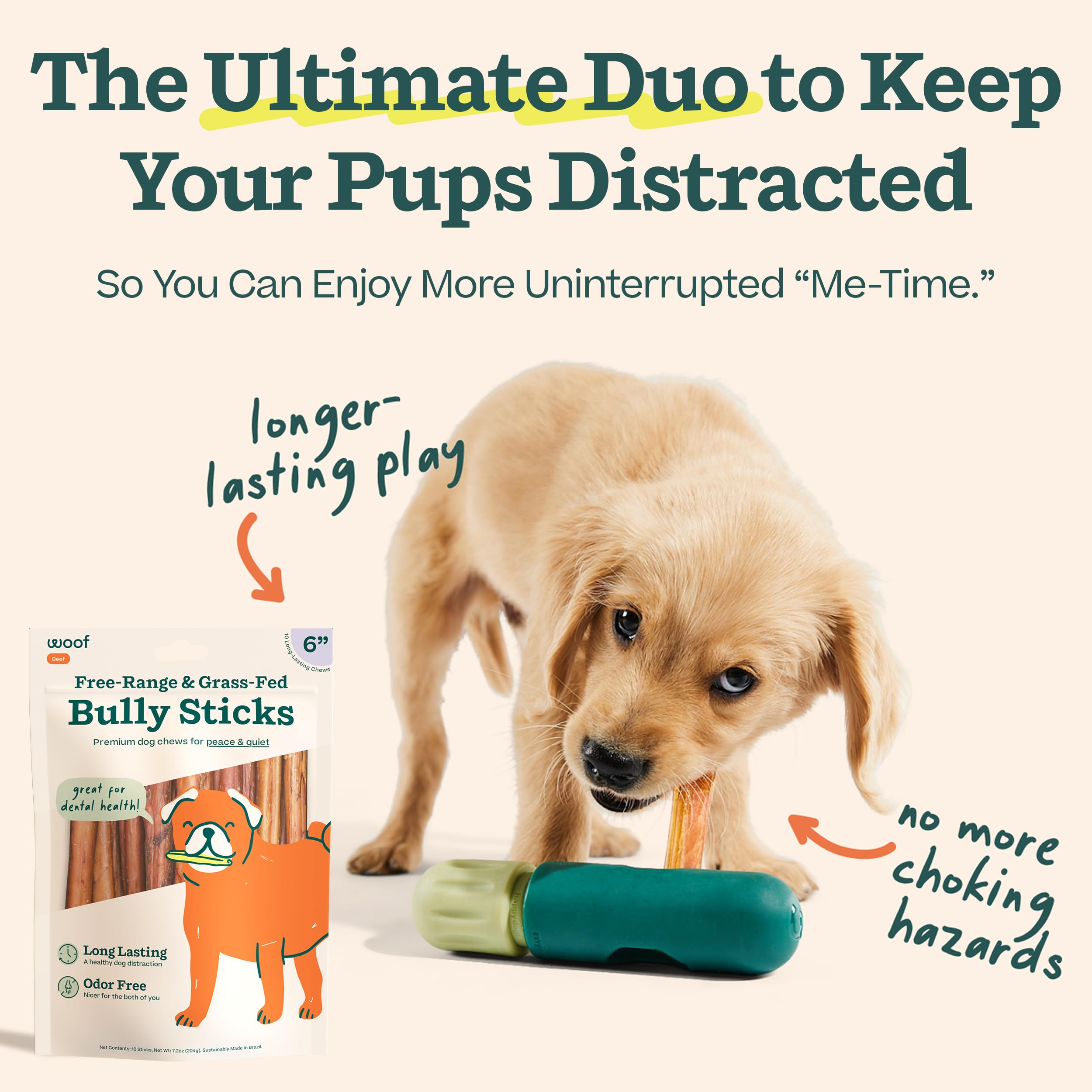 WOOF BullySafe and Bully Sticks - Nutritious Chew Sticks for Dogs and Bully Stick Holder for Safe, Long-Lasting Play - No More Swallowed Ends - 6" Sticks - 10 Pack