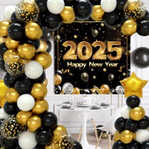 Happy New Years Eve Party Supplies 2025,New Years Decorations Black and Gold Confetti Balloon Garland Arch Kit Happy New Year Backdrop Banner for New Year Party Anniversary Retirement Graduation