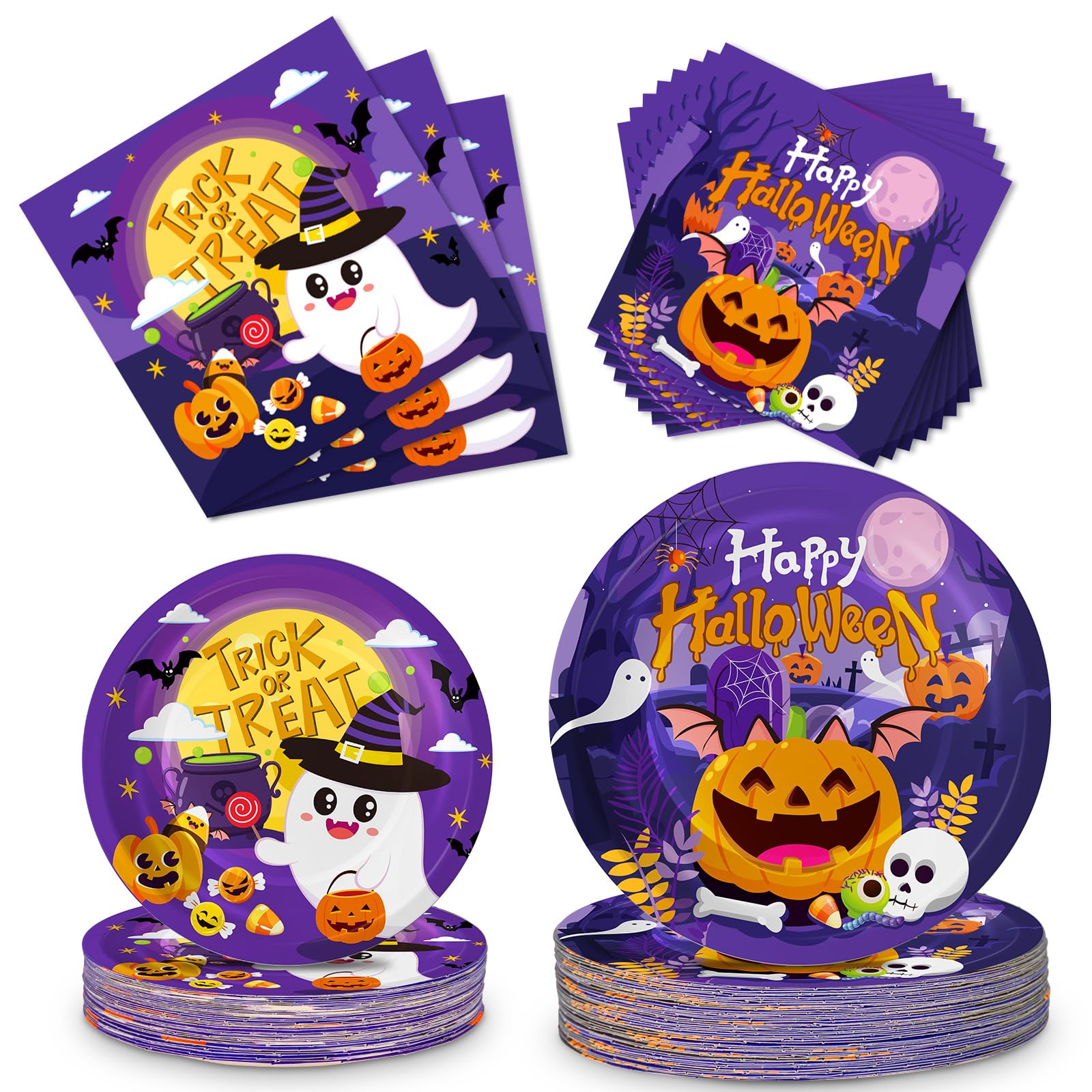 150 Pcs Halloween Plates and Napkins Sets - Cute Happy Halloween Party Supplies Tableware, Halloween Disposable Paper Plates Napkins Set for Halloween Birthday Party Decorations Favors, Serve 50